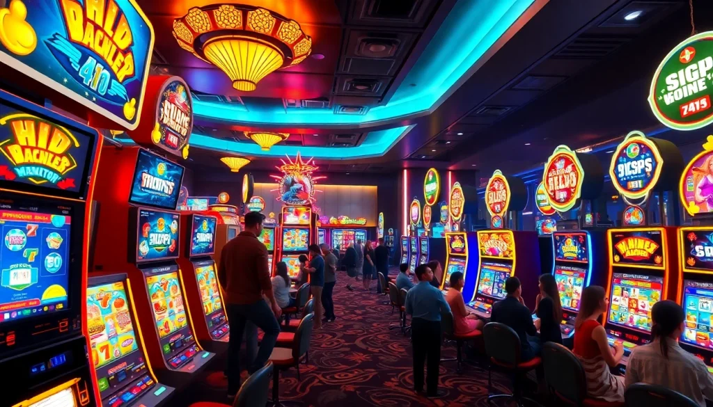 Situs kode4d showcases an exciting casino experience with vibrant slot machines and lively players.