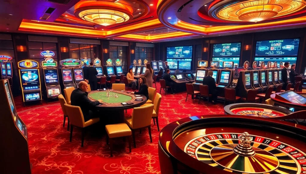 Experience high-stakes gameplay at xin88 com, featuring elegant casino tables and vibrant slot machines.