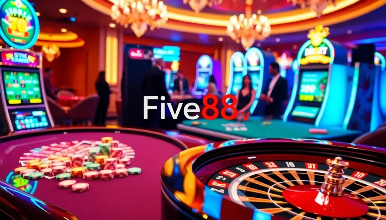 Engaging scene of luxury gambling at Five88, featuring poker tables and vibrant slot machines.