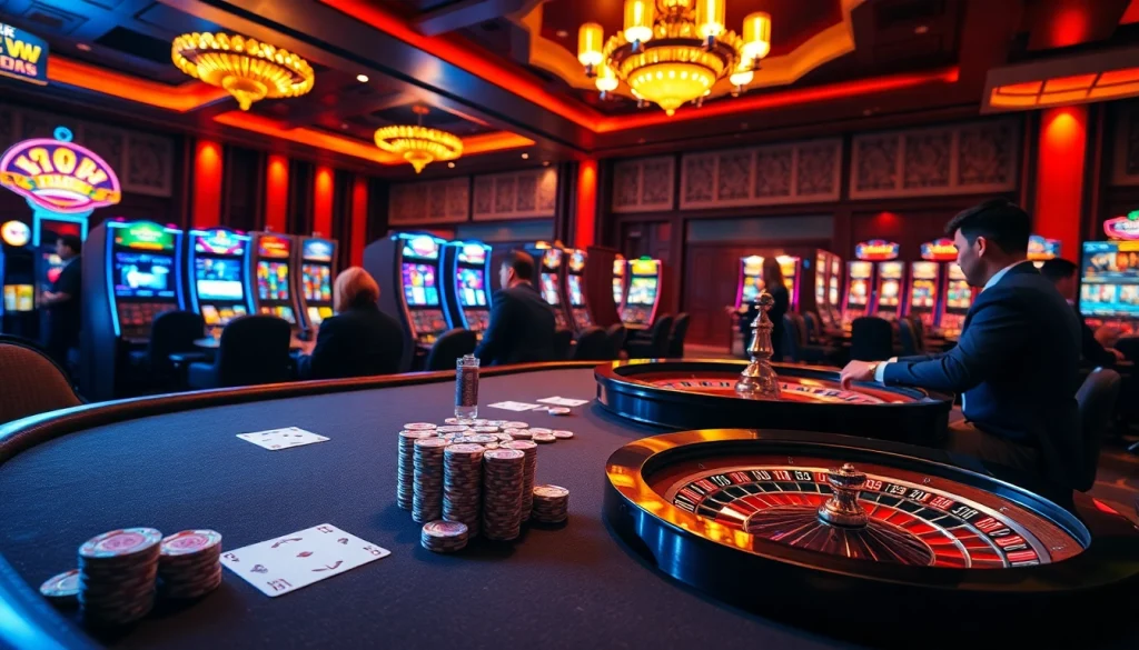 KK WIN casino scene showcasing professional players at a roulette table with vibrant slots in the background.
