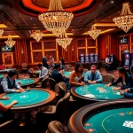 A vibrant casino scene showcasing KJC branding, featuring players at poker and roulette tables