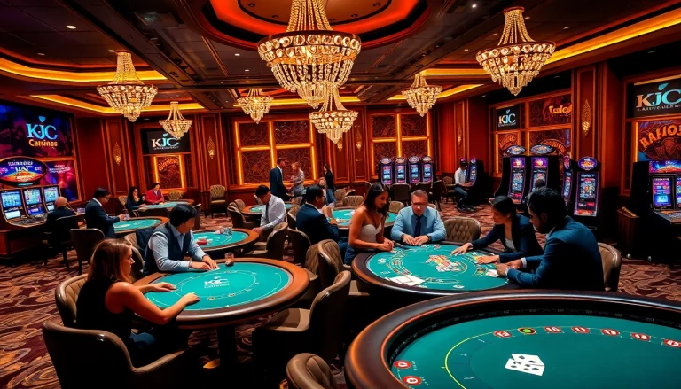 A vibrant casino scene showcasing KJC branding, featuring players at poker and roulette tables
