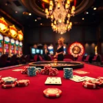 Experience the thrilling atmosphere of Nhà cái F8BET with a vibrant casino setup, featuring tables, chips, and slot machines.