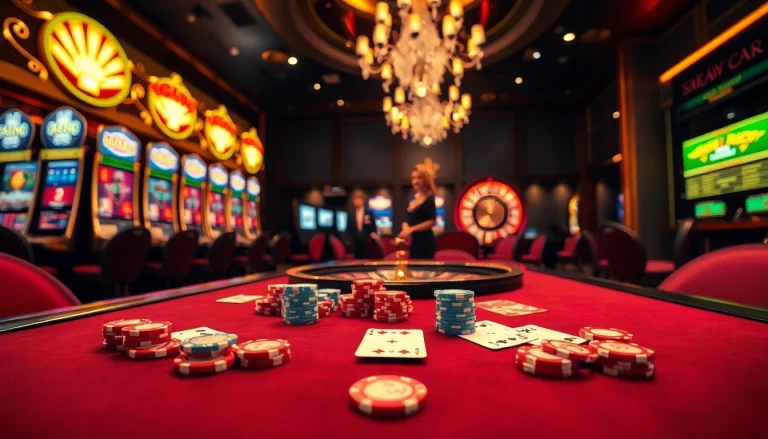 Experience the thrilling atmosphere of Nhà cái F8BET with a vibrant casino setup, featuring tables, chips, and slot machines.