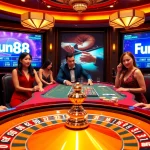 Players at a stylish casino engaging with the Fun88 link at a roulette table.