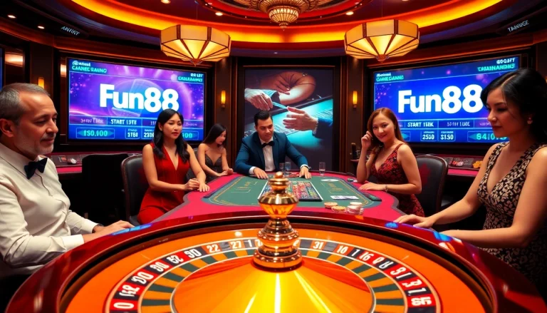 Players at a stylish casino engaging with the Fun88 link at a roulette table.