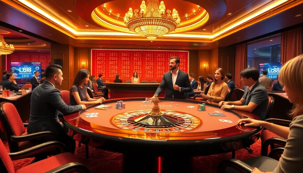 Experience thrilling gameplay at Lc88 casino with luxurious poker tables and vibrant chips.