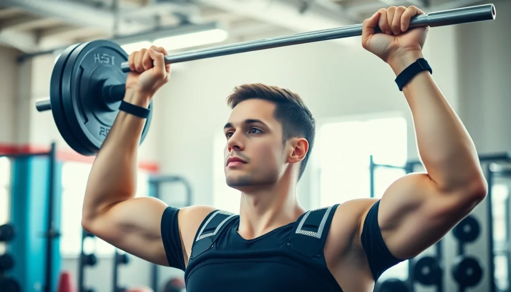 Shoulder brace for weightlifting worn by a fit individual lifting weights in a gym.