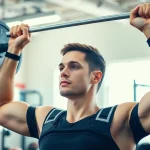 Shoulder brace for weightlifting worn by a fit individual lifting weights in a gym.