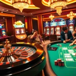 Roulette wheel and blackjack table highlighting 7C77 casino excitement with colorful poker chips.