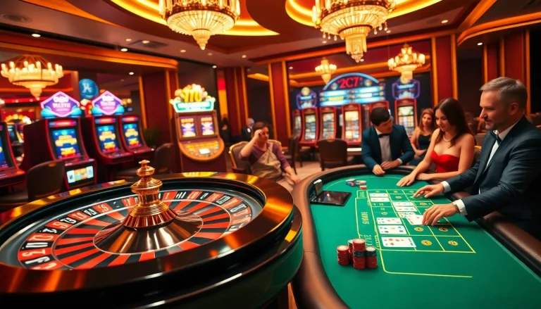 Roulette wheel and blackjack table highlighting 7C77 casino excitement with colorful poker chips.