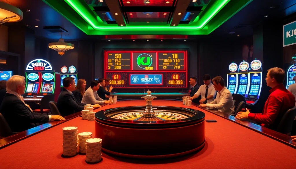 KJC players enthusiastically engage at a stylish casino table, showcasing vibrant gambling excitement.