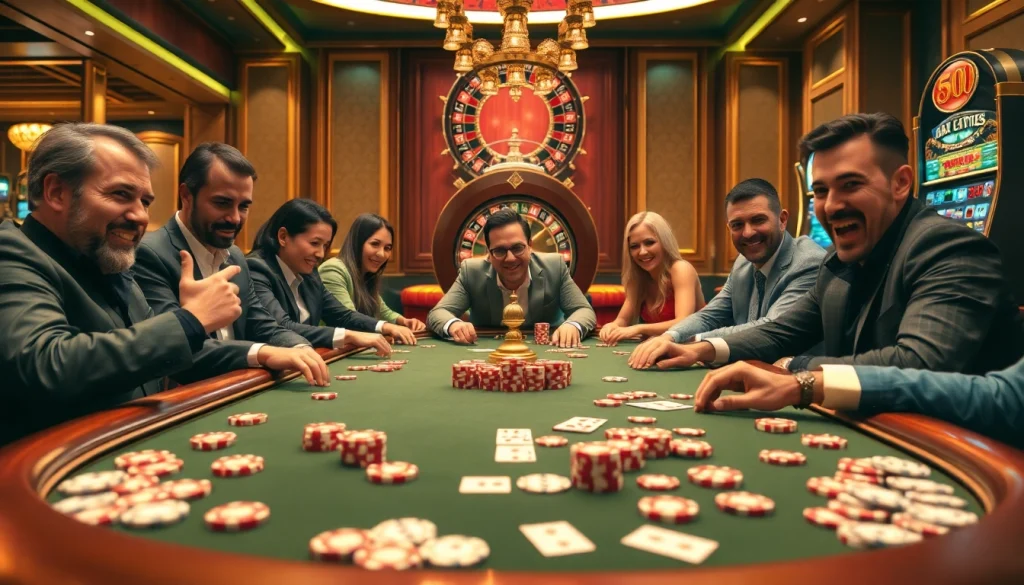 Engaged players at a professional KK55 poker table in a luxurious casino setting.