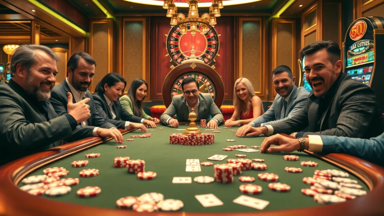 Engaged players at a professional KK55 poker table in a luxurious casino setting.