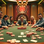 Engaged players at a professional KK55 poker table in a luxurious casino setting.