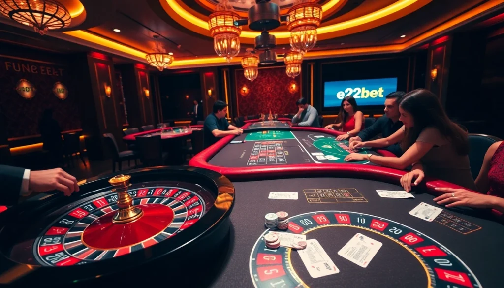 Players enjoying a thrilling poker night at e2bet casino with vibrant lighting and action.