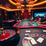 Players enjoying a thrilling poker night at e2bet casino with vibrant lighting and action.