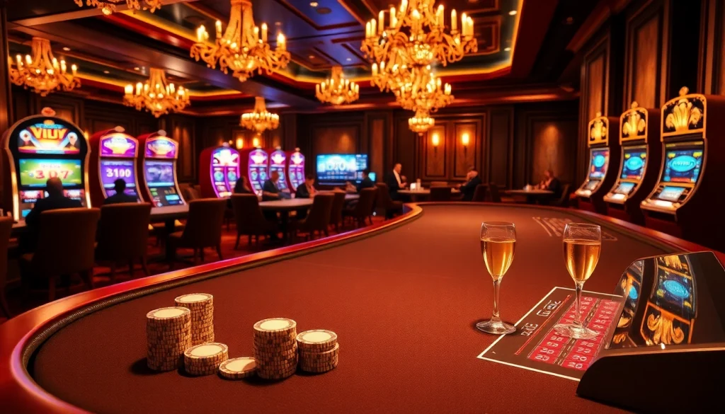 VVJL online casino with luxurious poker tables and vibrant slot machines, showcasing excitement.