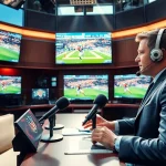 Sports Broadcasting setup showcasing a dynamic studio with screens and an energetic host.