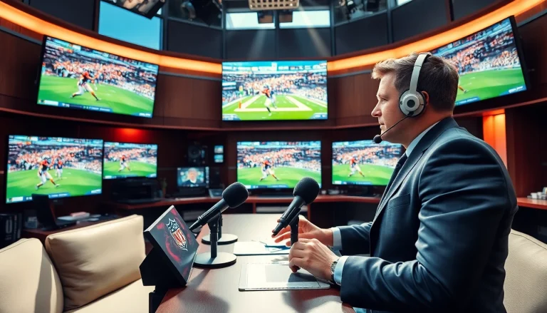 Sports Broadcasting setup showcasing a dynamic studio with screens and an energetic host.