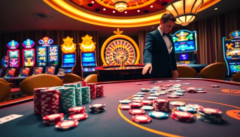 Experience exciting gaming action at dn88.com with high-stakes poker tables and vibrant slot machines.