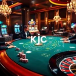 KJC branded luxurious casino scene featuring an exciting blackjack game with players and vibrant slot machines.
