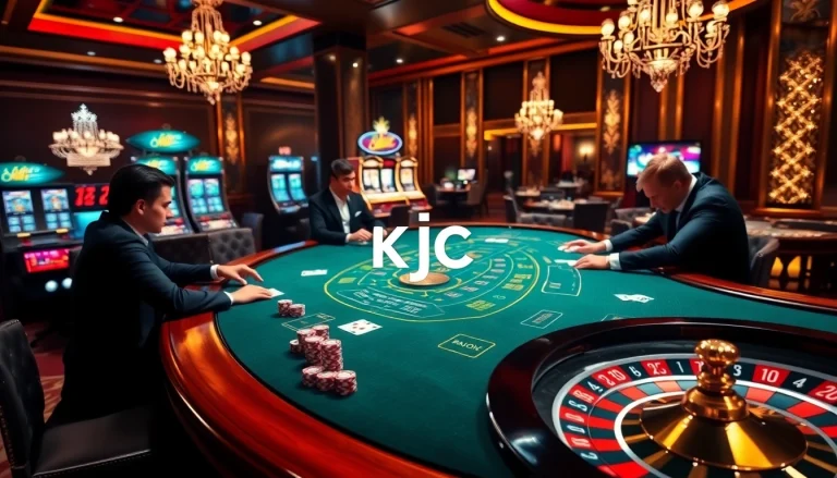 KJC branded luxurious casino scene featuring an exciting blackjack game with players and vibrant slot machines.