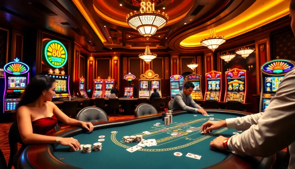 Players enjoying the 88i game at an upscale blackjack table in a vibrant casino setting.