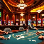 Players enjoying the 88i game at an upscale blackjack table in a vibrant casino setting.