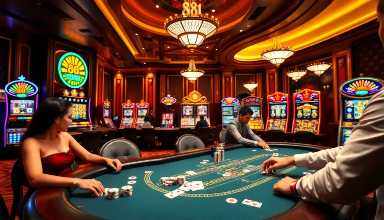 Players enjoying the 88i game at an upscale blackjack table in a vibrant casino setting.