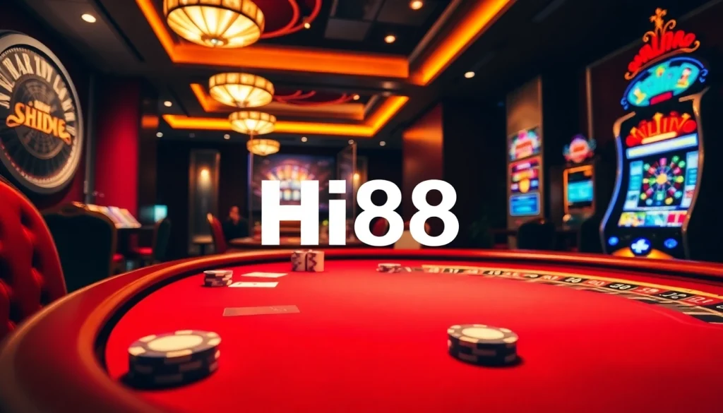 Hi88 casino scene with poker table and slot machines, emphasizing thrilling gameplay.
