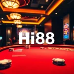 Hi88 casino scene with poker table and slot machines, emphasizing thrilling gameplay.