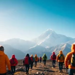 Adventurous trekkers on the Everest Base Camp Trek, with Mt. Everest in the backdrop, embodying the thrill of exploration.