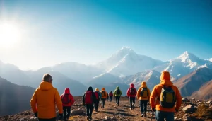 Adventurous trekkers on the Everest Base Camp Trek, with Mt. Everest in the backdrop, embodying the thrill of exploration.