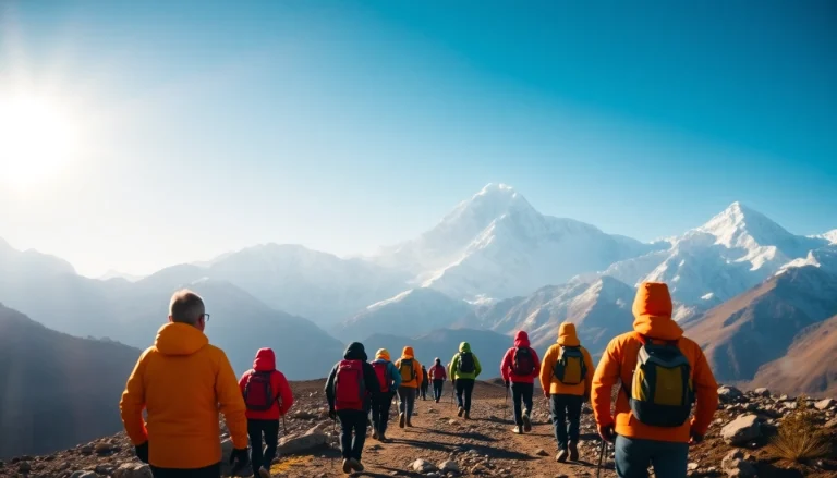 Adventurous trekkers on the Everest Base Camp Trek, with Mt. Everest in the backdrop, embodying the thrill of exploration.