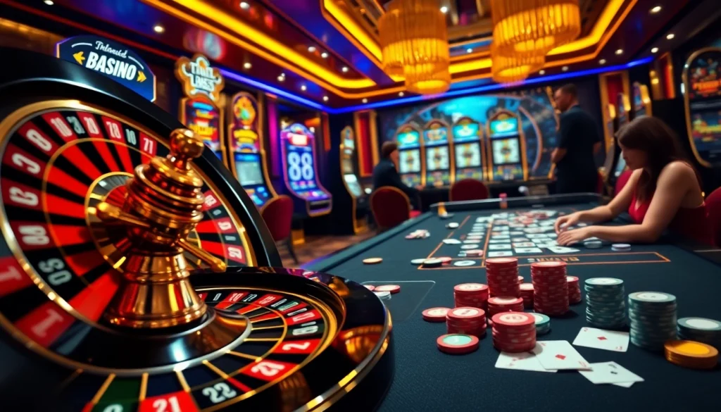 Players strategizing with cards at a poker table and a roulette wheel theme incorporating 88i for a gambling experience.