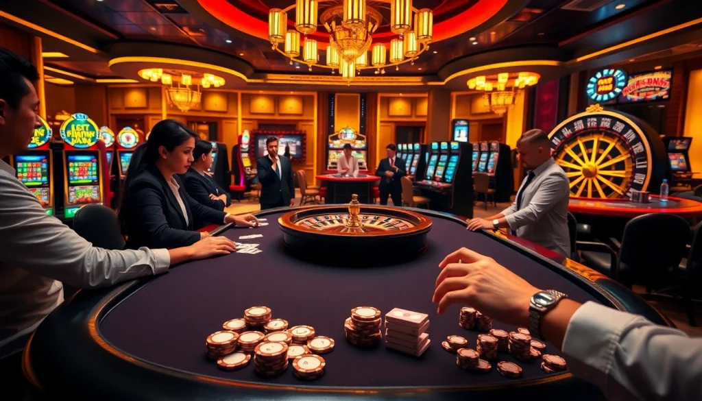 Exciting poker action at GO8 casino with vibrant gaming tables and luxurious atmosphere.