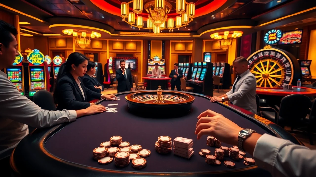 Exciting poker action at GO8 casino with vibrant gaming tables and luxurious atmosphere.