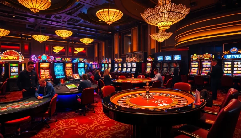 Experience the excitement of 8kbet with players engaging around casino tables and online gaming interfaces.