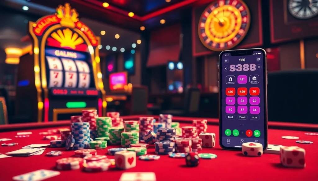 Exciting casino gaming with S88 app, poker chips, and bright slot machine lights.
