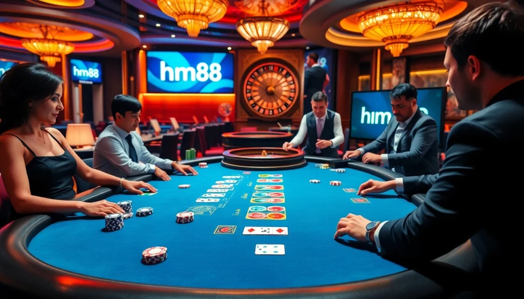 Players enjoying blackjack at an upscale casino with a focus on hm88 gaming experience.