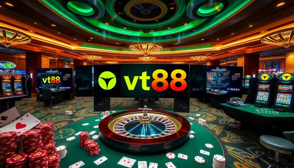 Experience the thrill of vt88 online gambling with poker chips and roulette wheels.