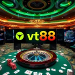 Experience the thrill of vt88 online gambling with poker chips and roulette wheels.