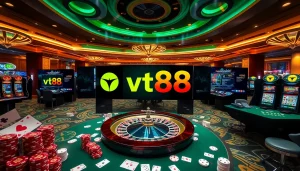 Experience the thrill of vt88 online gambling with poker chips and roulette wheels.