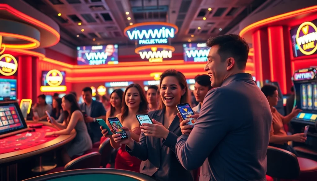 Exciting online casino gaming scene at vvvwin88.live with players enjoying Baccarat and Poker in a vibrant setting.