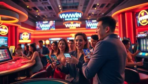 Exciting online casino gaming scene at vvvwin88.live with players enjoying Baccarat and Poker in a vibrant setting.