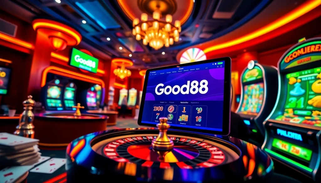 Exciting online gaming atmosphere with Good88 logo and web interface good88.hu.net.