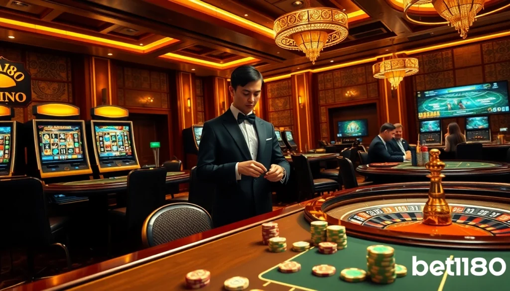 Gambling excitement at bet168 with luxurious casino tables and vibrant slot machines.
