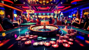 Experience the thrill of gambling with 98WIN at an upscale casino table filled with poker chips and players.