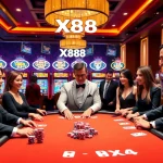 Engaging players at a luxurious casino table featuring X88 poker chips and vibrant slot machines.